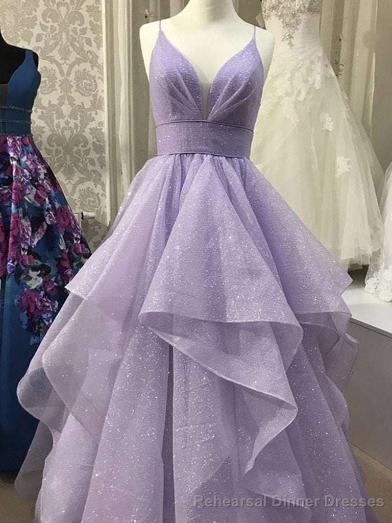 Beautiful Lavender Shiny Tulle Straps Long Evening Gown, Light Purple Prom Dresses Main image