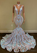 Long Sparkly Prom Dresses Sheer O-neck Sleeveless Real Picture African Black Girls Mermaid Prom Gowns
