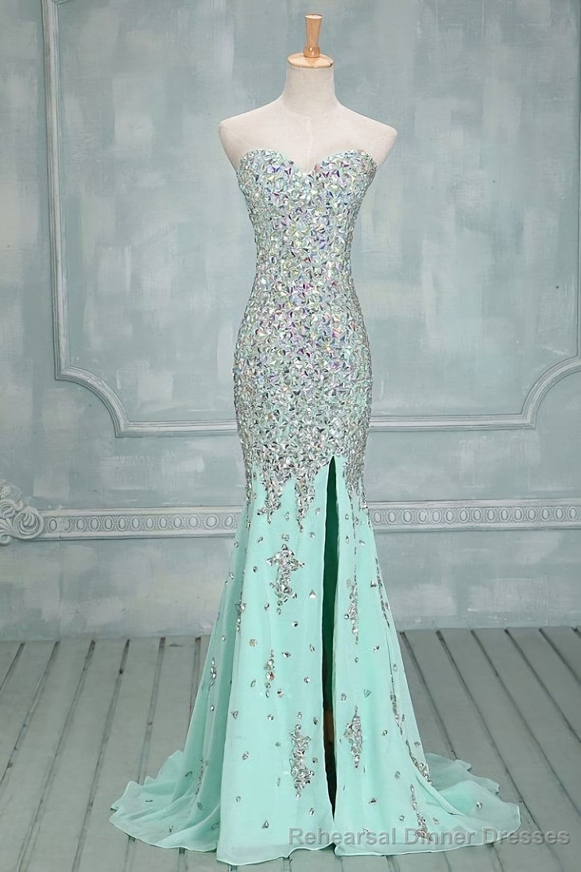High Quality Mermaid Rhinestones Long Sexy Sweetheart Front Split Mint Chiffon Trumpet 2025 Prom Dresses Main image