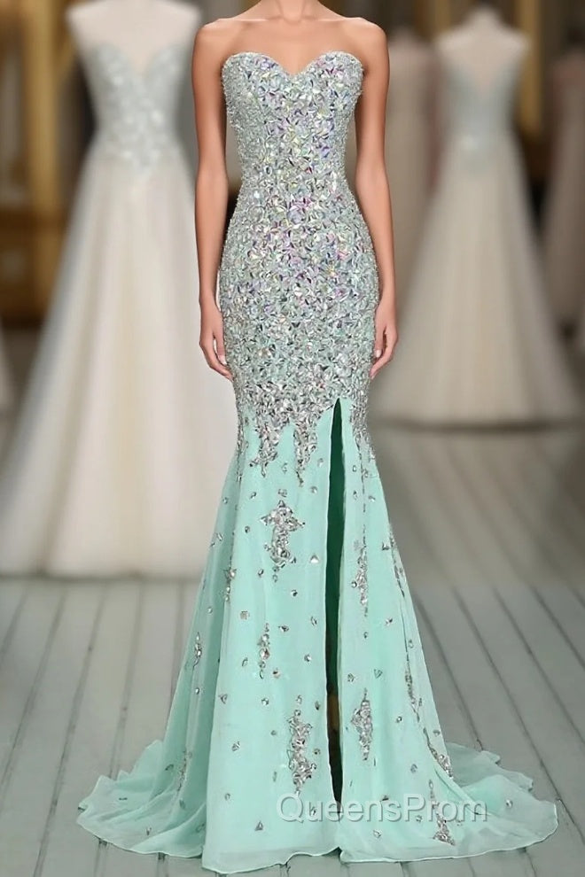 High Quality Mermaid Rhinestones Long Sexy Sweetheart Front Split Mint Chiffon Trumpet 2024 Evening Prom Dress Main image