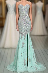 High Quality Mermaid Rhinestones Long Sexy Sweetheart Front Split Mint Chiffon Trumpet 2024 Evening Prom Dress