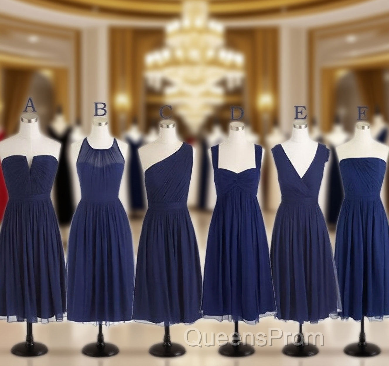 Short Navy Blue Chiffon Mismatch Maid Of Honor Girls Group In Knee Length Simple Cheap Evening Prom Dress Main image
