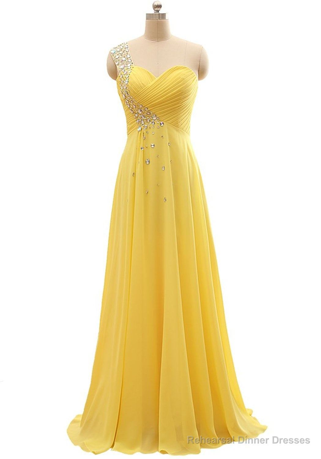 Elegant One Shoulder Yellow Chiffon Beaded Pleat Long Bridesmaid Dresses