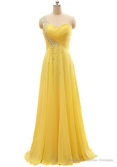 Elegant One Shoulder Yellow Chiffon Beaded Pleat Long Bridesmaid Dresses