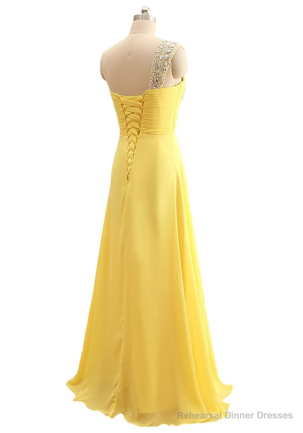 Elegant One Shoulder Yellow Chiffon Beaded Pleat Long Bridesmaid Dresses Main image