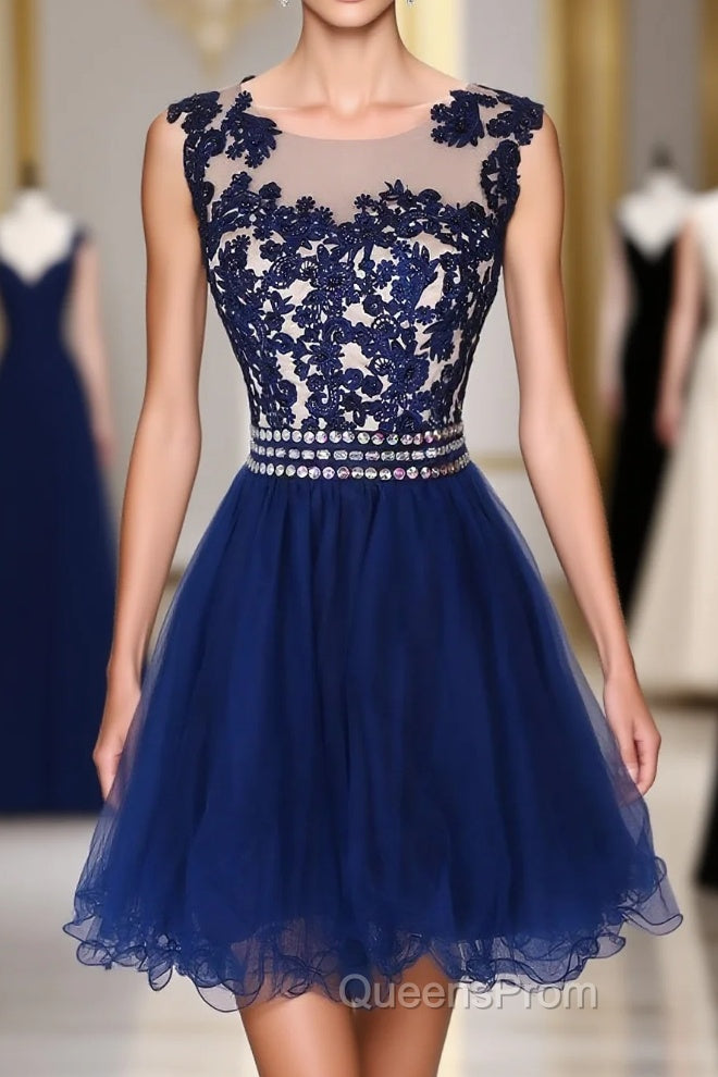 Navy Blue Lace Short With Waist Beadings Royal Blue Custom Made Mini Length Women Skirt Evening Prom Dress Main image