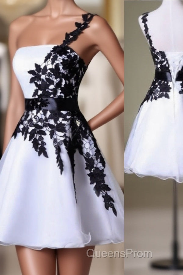 Hot Sales Vintage Black Lace White Organza Short One Shoulder Belt Custom Made Hd021 Evening Prom Dress Main image
