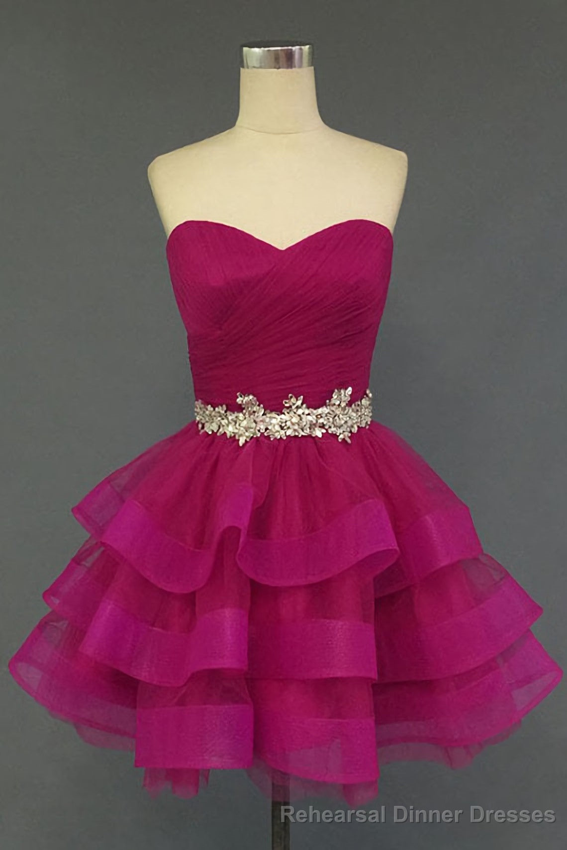 Hot Pink Organza Sweetheart Neckline Short Beadings Belt Tiered Rose Red Layers Prom Dresses Main image