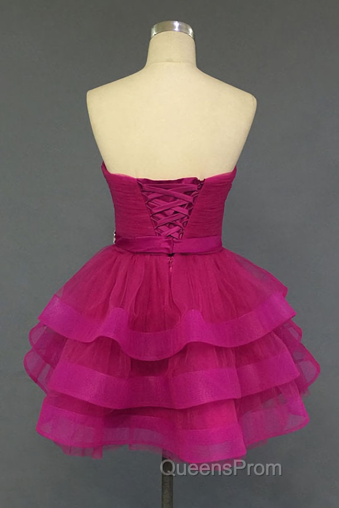 Hot Pink Organza Sweetheart Neckline Short Beadings Belt Tiered Rose Red Layers Evening Prom Dress Secondary image