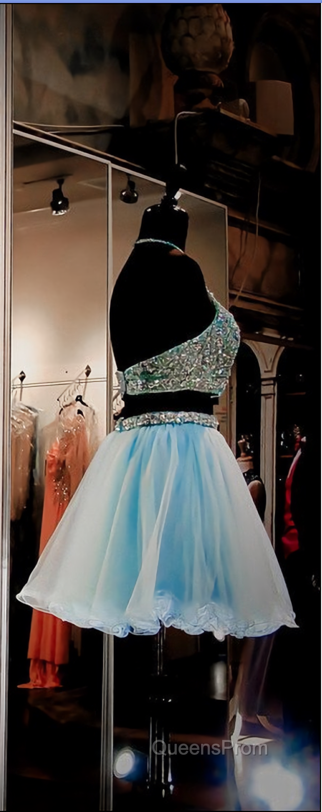 Two Pieces Light Blue Short High Neck Open Back Rhinestones Mid Section Sky Blue Evening Prom Dress Secondary image