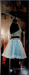 Two Pieces Light Blue Short High Neck Open Back Rhinestones Mid Section Sky Blue Evening Prom Dress