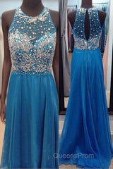 High Neck See Through O Back Dark Blue Chiffon Long Open Back Beaded Crystal A Line Bodice Sexy Evening Prom Dress