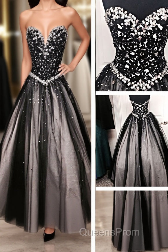 Black White Tulle Long Sweetheart Beaded Bodice For Teens Juniors Evening Prom Dress Main image