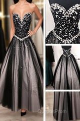 Black White Tulle Long Sweetheart Beaded Bodice For Teens Juniors Evening Prom Dress