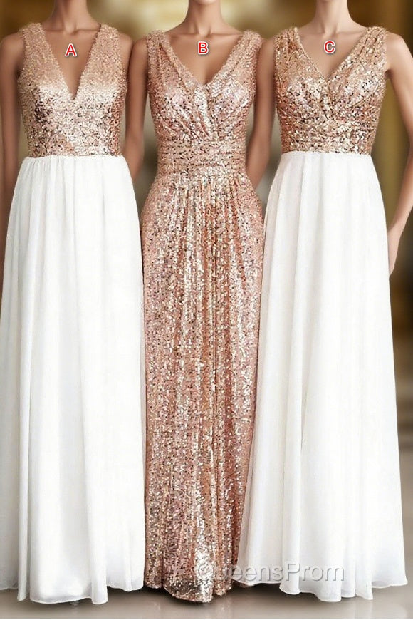 Rose Gold Sequin White Chiffon V Neck Sexy Long Elegant Simple Evening Prom Dress
