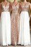 Rose Gold Sequin White Chiffon V Neck Sexy Long Elegant Simple Evening Prom Dress