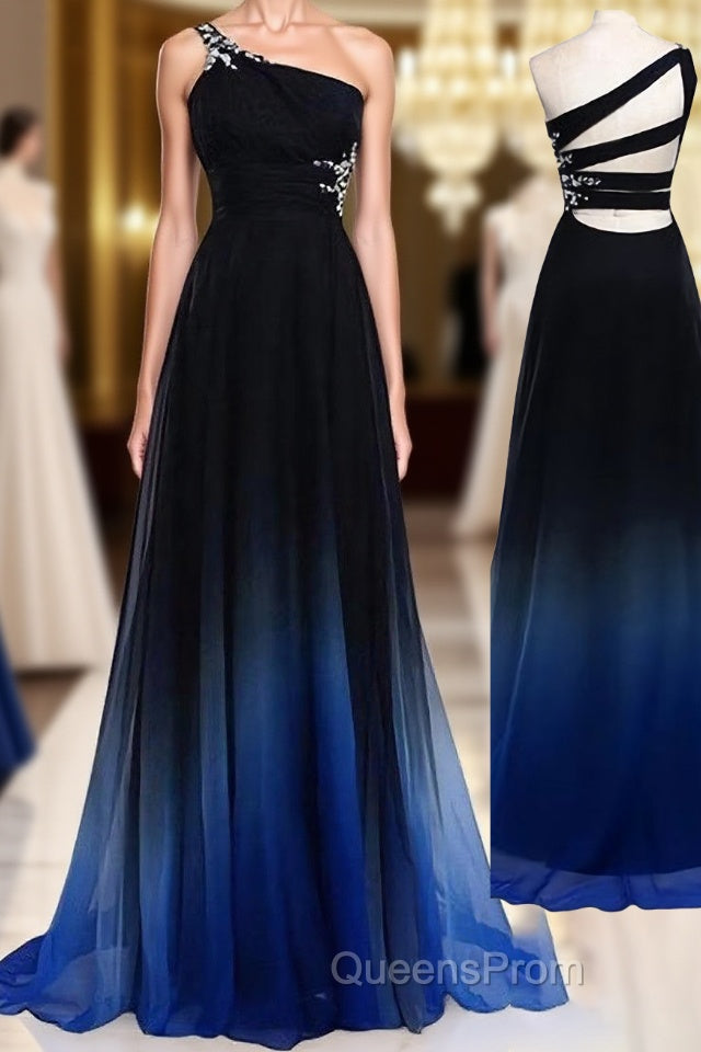 One Shoulder Navy Blue Royal Blue Ombre Gradient Color Chiffon Long Ombre For Sweet 16 Evening Prom Dress Main image