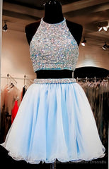 2025 Beautiful Short Two Pieces Light Sky Blue Halter Open Back For Teens Prom Dresses