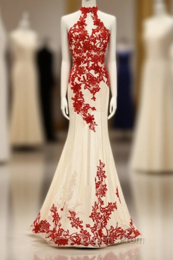 Charming Red Lace And Champagne Tulle Halter Elegant Sparkly Evening Prom Dress