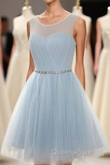 Simple Light Blue Short Tulle Cheap Elegant Charming Homecoming Dress