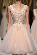 Blush Pink V Neck Applique Short Top Selling 2024 Homecoming Dress