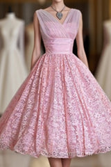 V Neck Lace High Low A Line Vintage Cheap Cute Short Evening Prom Dress