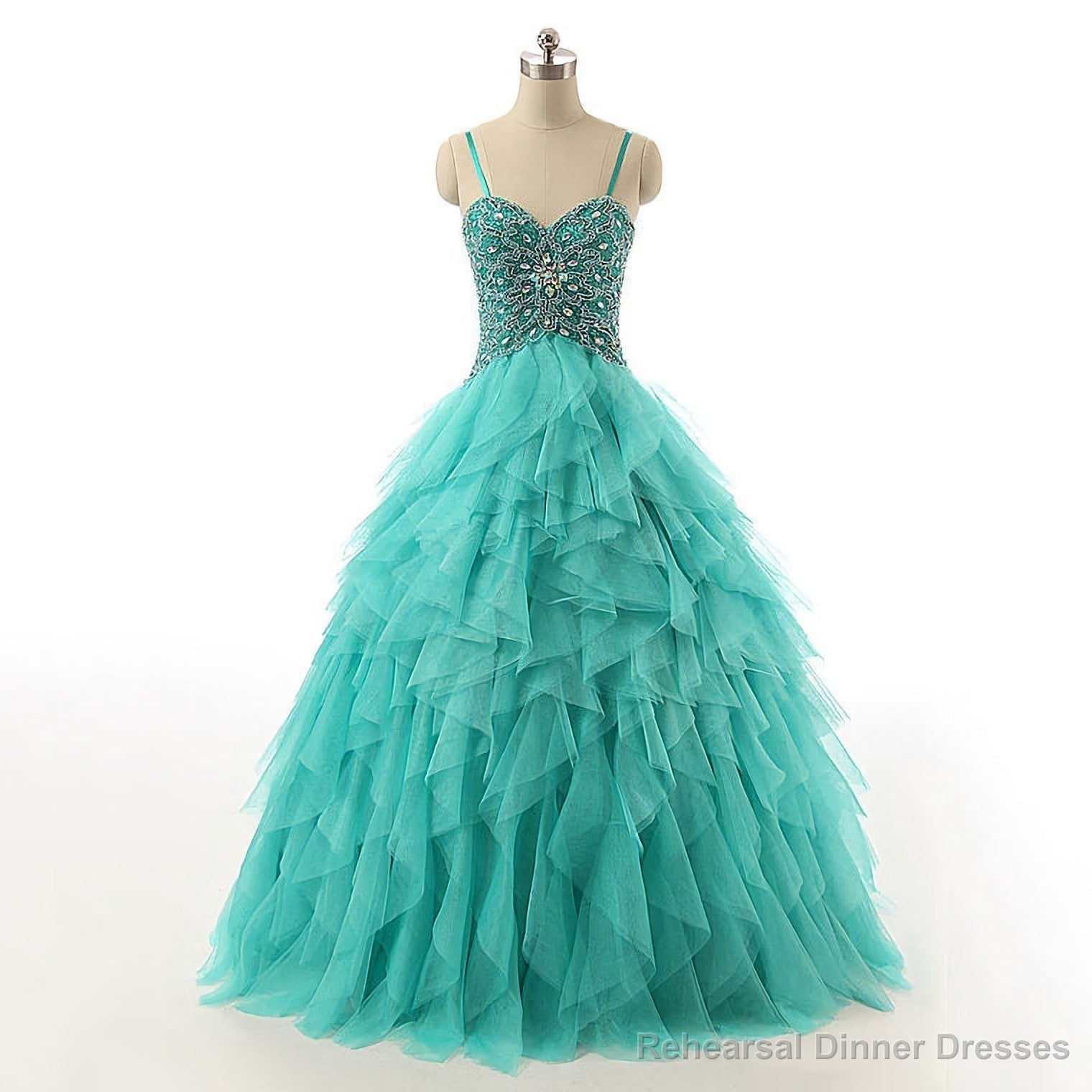 Spaghetti Straps Lace Up Beaded Long Prom Dress, Crystal Turquoise Ball Gown Prom Dress, Cascading Ruffles Tulle Prom Dress Main image