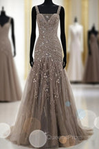 Mermaid Lace Up Brown Tulle Modest Beading V Neck Evening Prom Dress