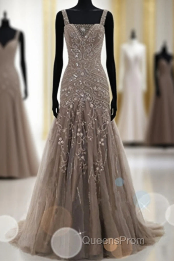 Mermaid Lace Up Brown Tulle Modest Beading V Neck Evening Prom Dress