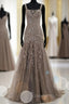 Mermaid Lace Up Brown Tulle Modest Beading V Neck Evening Prom Dress