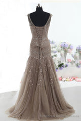 Mermaid Lace Up Brown Tulle Modest Beading V Neck Prom Dresses