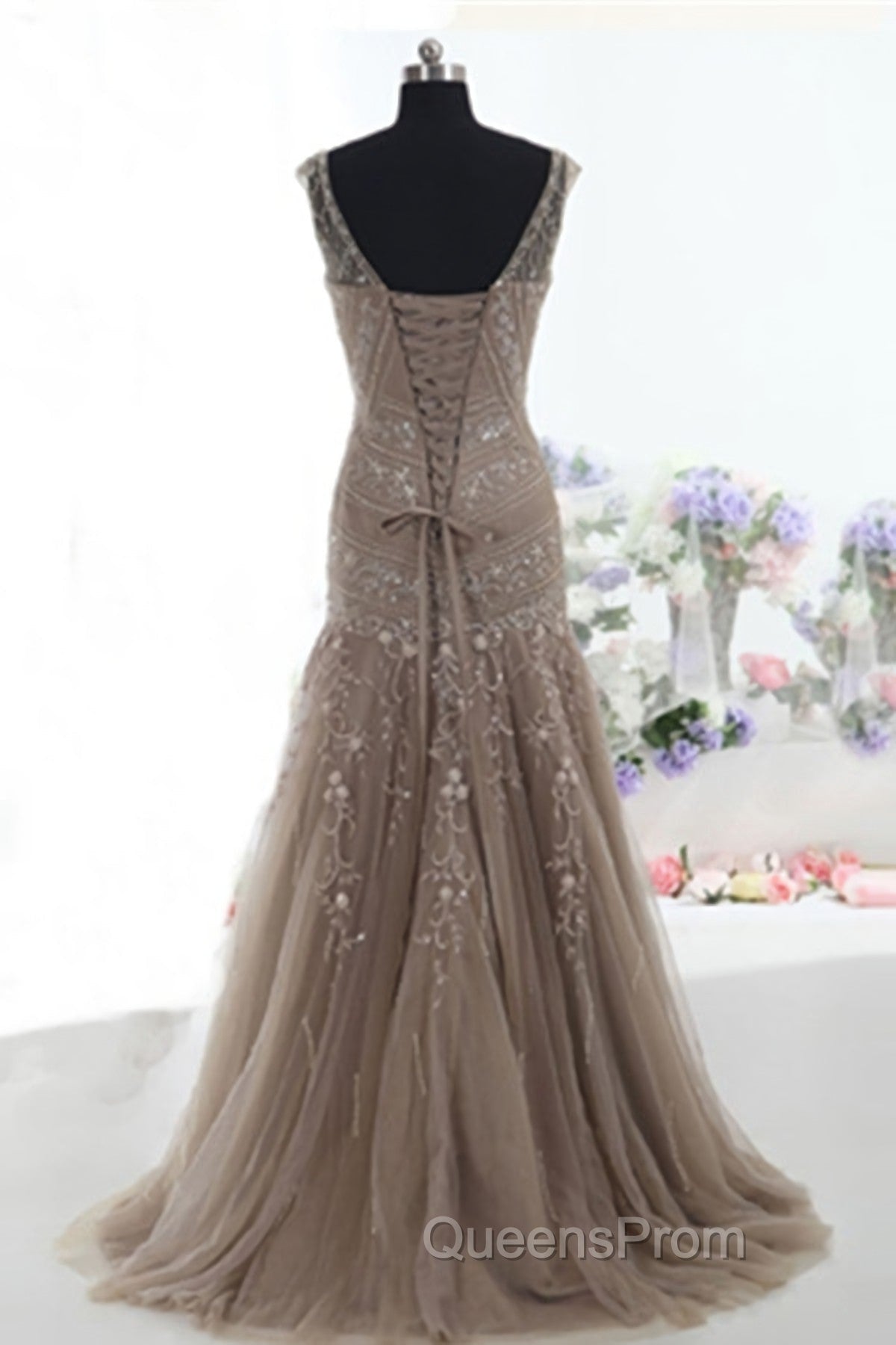 Mermaid Lace Up Brown Tulle Modest Beading V Neck Evening Prom Dress Secondary image