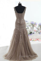 Mermaid Lace Up Brown Tulle Modest Beading V Neck Evening Prom Dress
