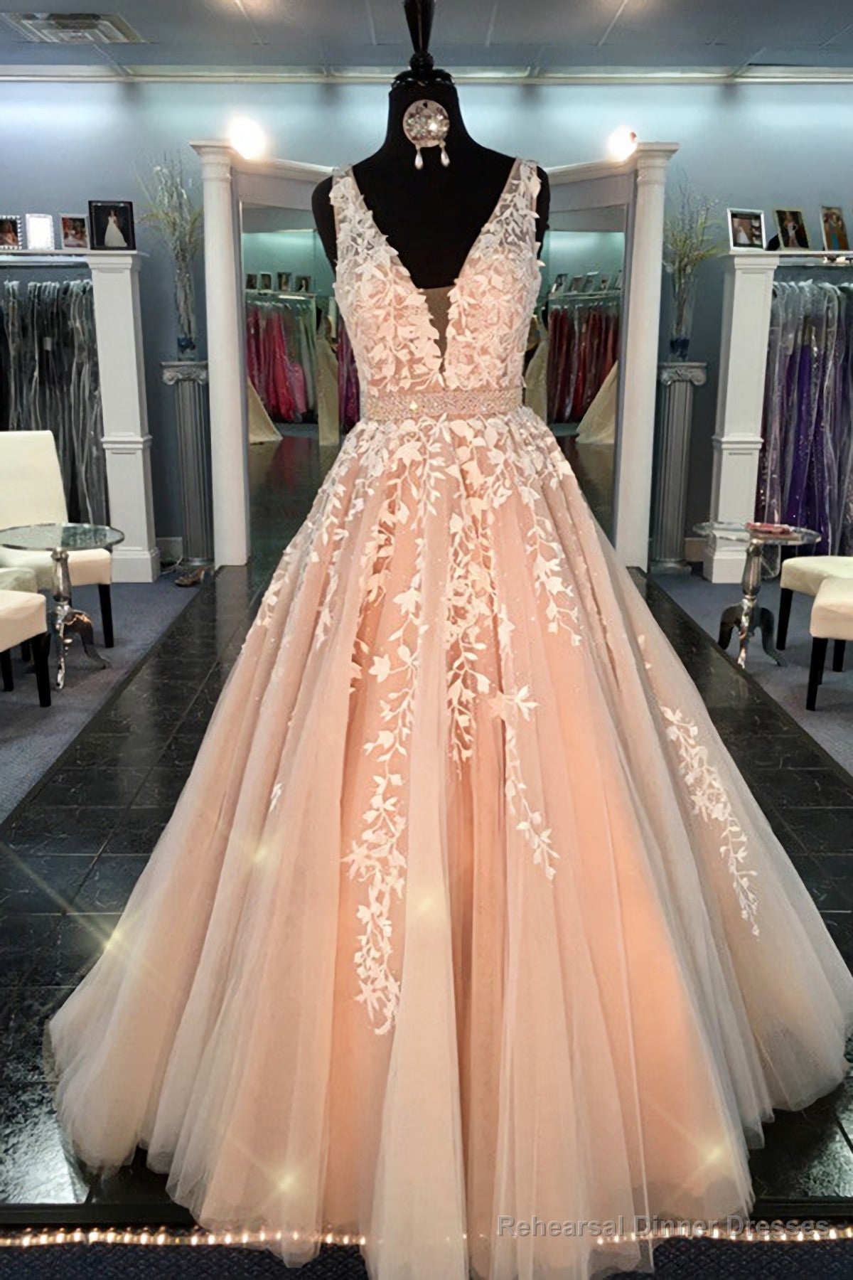 Deep V Neck Prom Dresses, Handmade Prom Gowns Lace Tulle Quinceanera Dresses, Modest Prom Gowns A Line Dresses, Cute Dresses, Dr0230 Main image