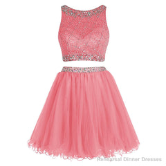 Bateau Neck Illusion Pink Short Crystal Beaded Two Piece Sequined Crop Top Tulle Mini Prom Dresses