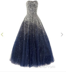 A Line Navy Blue Beading Tulle Evening Prom Dress