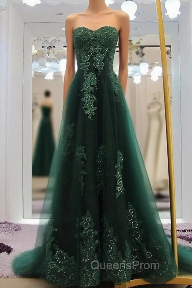 Sweetheart Long Lace Green Sweep Train Lace Up Evening Prom Dress Main image