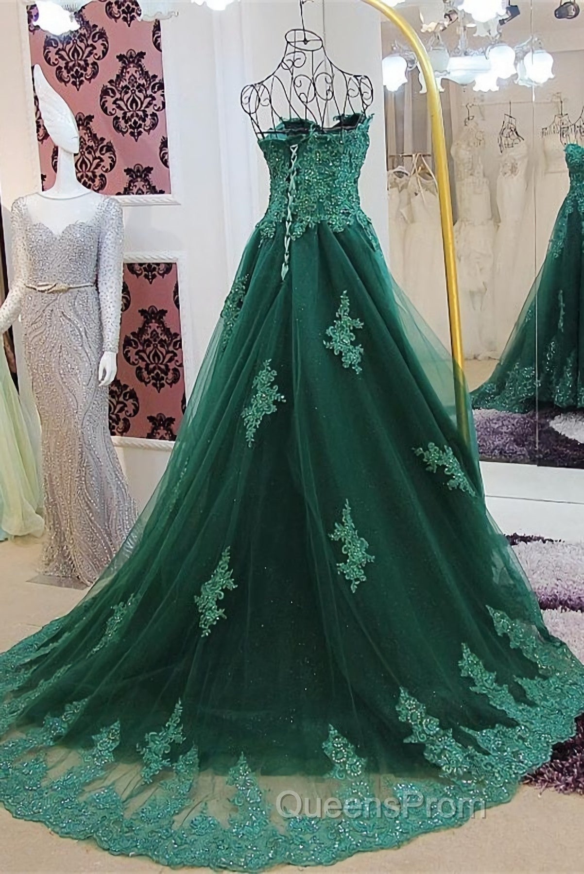 Sweetheart Long Lace Green Sweep Train Lace Up Evening Prom Dress Secondary image