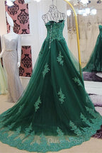 Sweetheart Long Lace Green Sweep Train Lace Up Evening Prom Dress