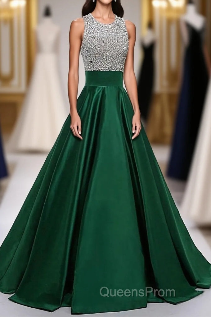 Satin Green Modest Beading Long For Teens Evening Prom Dress Main image