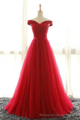 Off The Shoulder Red A Line Pleated Long Red Prom Dresses
