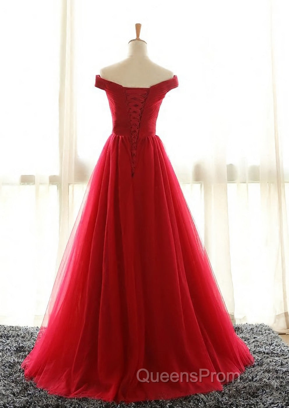 Off The Shoulder Red A Line Pleated Long Red Evening Prom Dress Secondary image