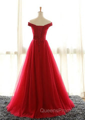 Off The Shoulder Red A Line Pleated Long Red Evening Prom Dress