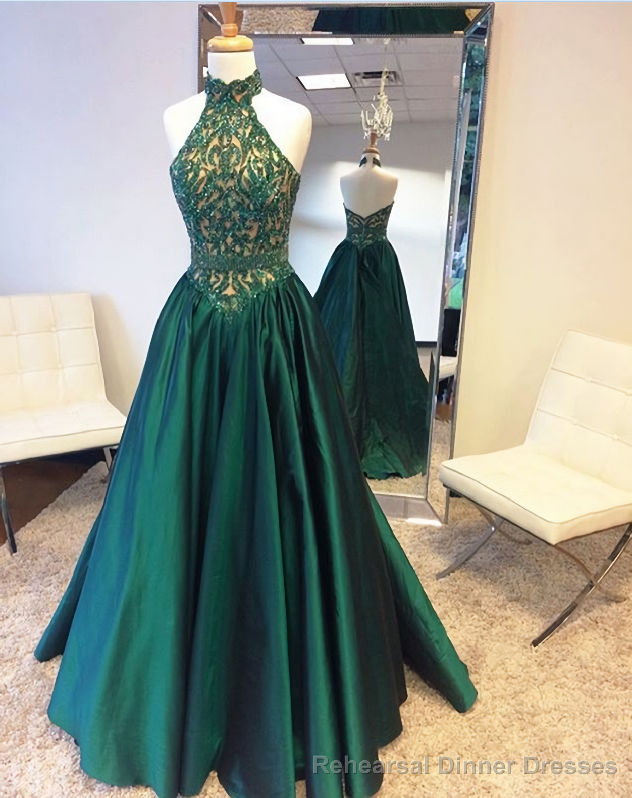 Green Halter Beading Lace A Line For Teens Elegant Backless Fashion 2025 Women Prom Dresses Main image