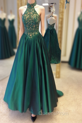 Green Halter Beading Lace A Line For Teens Elegant Backless Fashion 2024 Women Evening Prom Dress