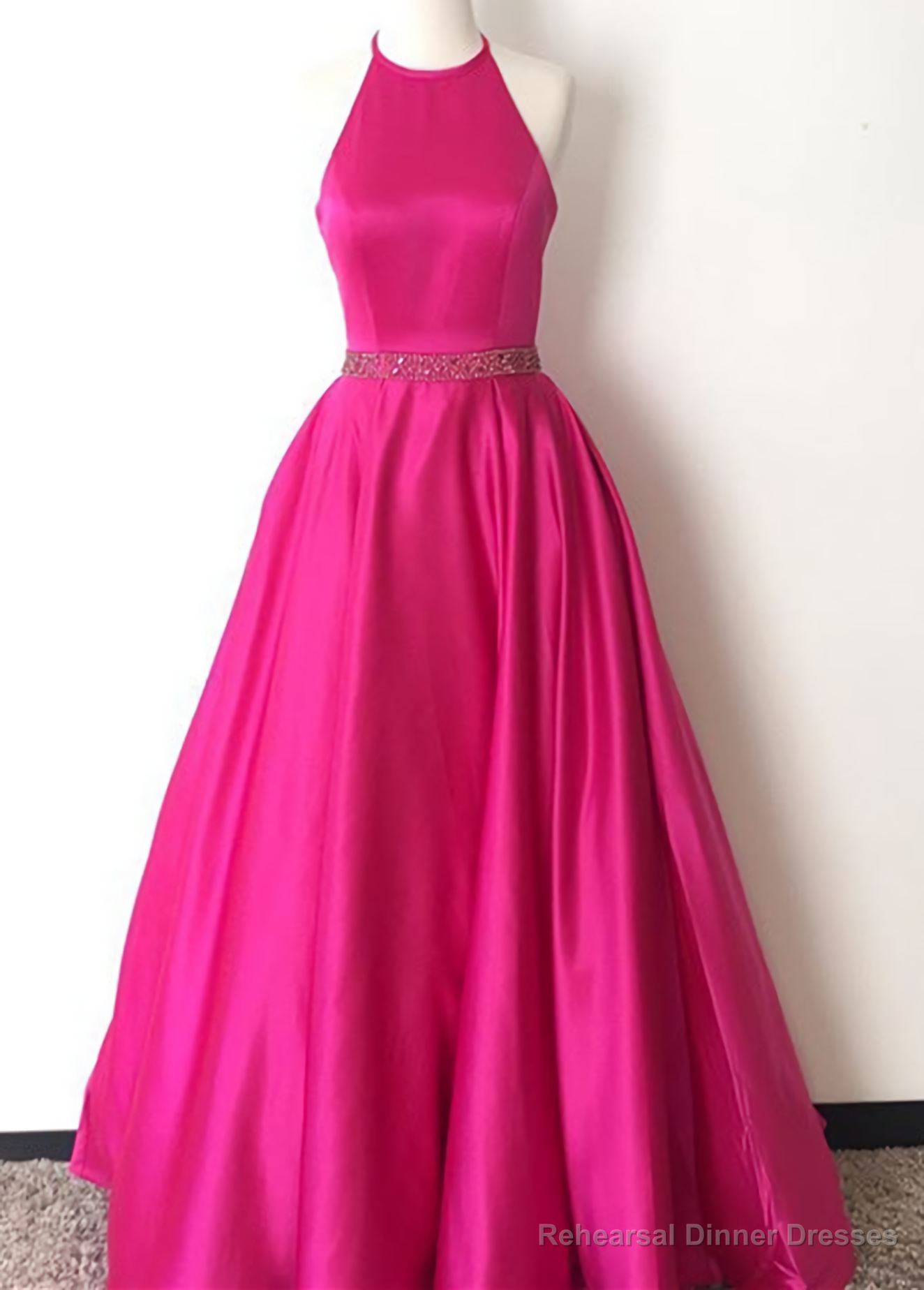 Custom Made Halter Neck SatinFloor-Length Long with Jewel Beaded Waistline Party Dresses Main image