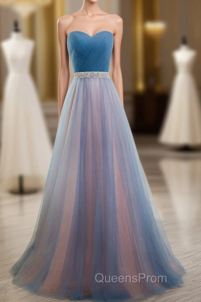 Sweetheart Blue Peach Tulle Strapless Long Pleated Sexy A Line With Beads Sashes Evening Prom Dress Main image