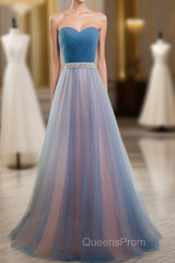 Sweetheart Blue Peach Tulle Strapless Long Pleated Sexy A Line With Beads Sashes Evening Prom Dress