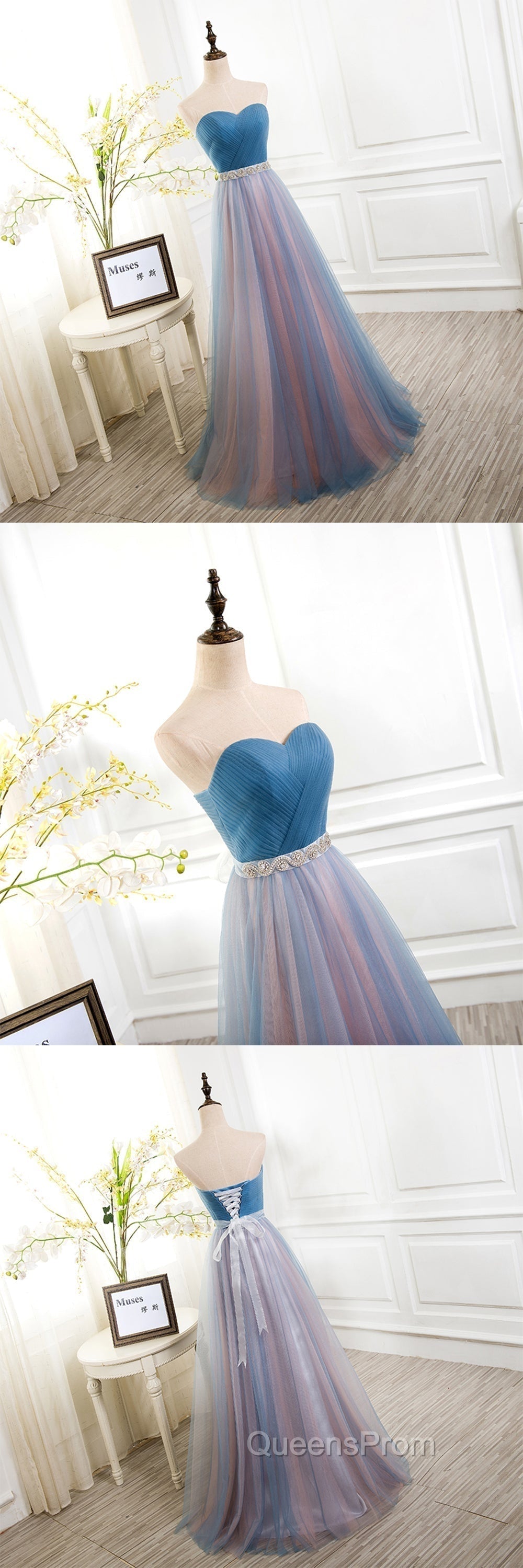 Sweetheart Blue Peach Tulle Strapless Long Pleated Sexy A Line With Beads Sashes Evening Prom Dress Secondary image