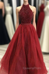 Charming Beading Long Red Halter Evening Prom Dress